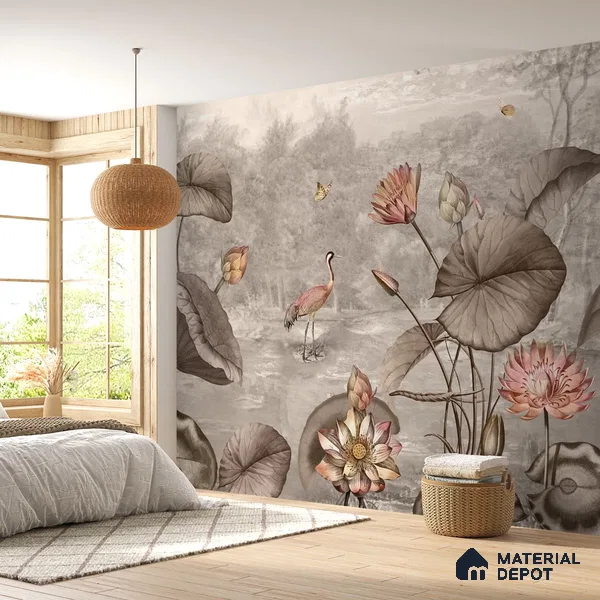 Big Lotus Leaves, Premium Indian Wallpaper Design, Customised Indrani Series Handmade Florals Design (Customised Size Wallpaper )