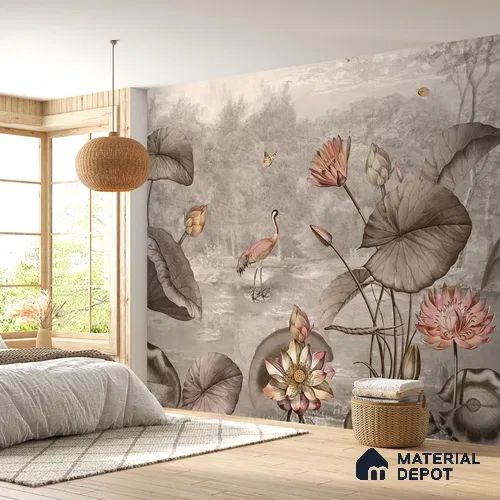 Big Lotus Leaves, Premium Indian Wallpaper Design, Customised Indrani Series Soft Feel Florals Design (Customised Size Wallpaper )