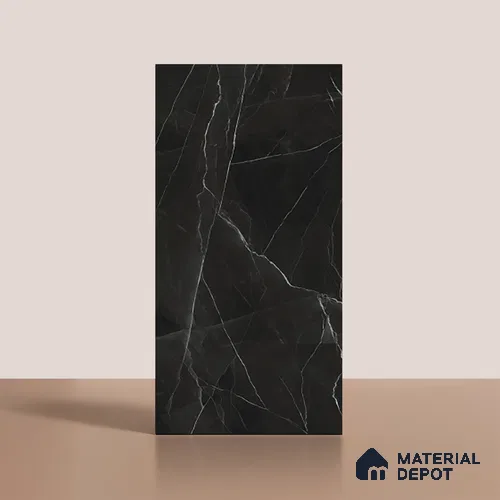 Marble Floor & Wall Tile TL 08541 | Suprem Black 4 ft x 2 ft Sugar Matte Finish Porcelain Tile - 9 mm | 4 Random Design | Suitable for Living Room, Bedroom, Bathroom & Kitchen