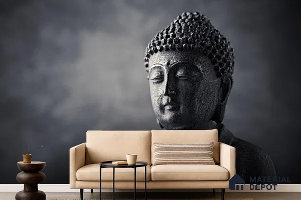 Patina of Peace Stone Buddha On Charcoal Background | WP 04109 B Canvas Texture Finish Indian Style luxurious Customized size Wallpaper | 250 GSM WP01CNF Paper | (MOQ = 30 Sq. Ft.)