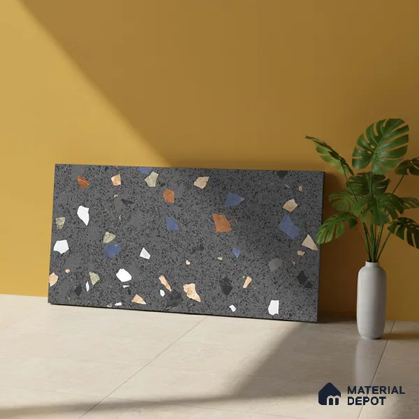 Terrazzo Wall Tile TL 06544 Mosaic Stone Black HL 2 ft x 1 ft Ceramic Matte Finish - 8 mm | Suitable for Living Room, Kitchen & Bathroom (Sample)