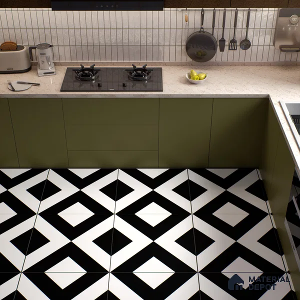 Moroccan Wall & Floor Tile TL 01438 Black & White 2 ft x 2 ft Matte Finish Vitrified Tile - 9 mm | Suitable For Kitchen, Bathroom, Dining Area | Please Expect a Slight Variation of Pattern