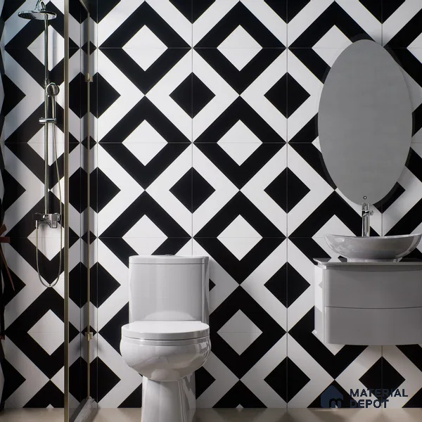 Moroccan Wall & Floor Tile TL 01438 Black & White 2 ft x 2 ft Matte Finish Vitrified Tile - 9 mm | Suitable For Kitchen, Bathroom, Dining Area | Please Expect a Slight Variation of Pattern