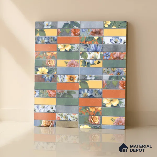 Faux Subway Wall Tile TL 04392 B Blash Floral Green 1 ft x 1 ft Matte Finish Ceramic Tile - 9 mm | Suitable For Kitchen, Bathroom, Dining Area | Please Expect a Slight Variation of Pattern