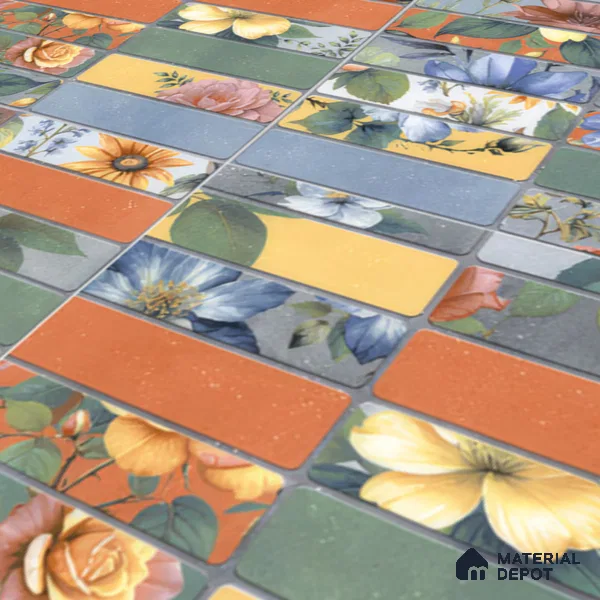 Faux Subway Wall Tile TL 04392 B Blash Floral Green 1 ft x 1 ft Matte Finish Ceramic Tile - 9 mm | Suitable For Kitchen, Bathroom, Dining Area | Please Expect a Slight Variation of Pattern