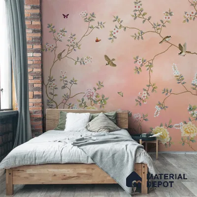 Blossom, Peach Chinoiserie Wallpaper, Customised Sukoon Series Handmade Chinoserie Design (Customised Size Wallpaper)