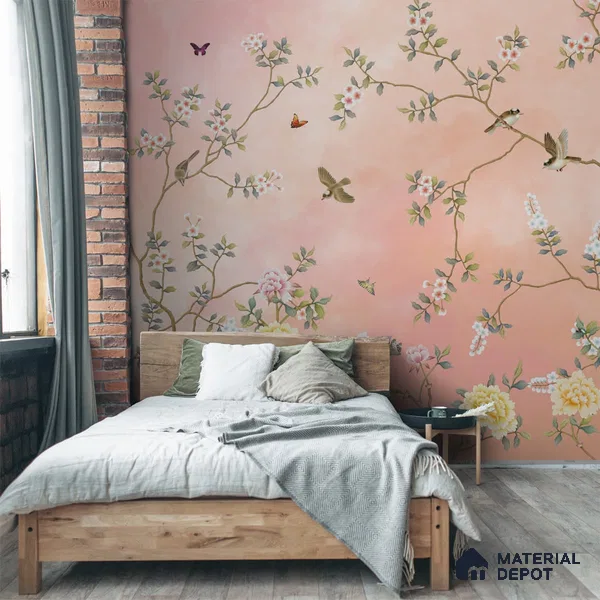 Blossom, Peach Chinoiserie Wallpaper, Customised Sukoon Series Handmade Chinoserie Design (Customised Size Wallpaper)