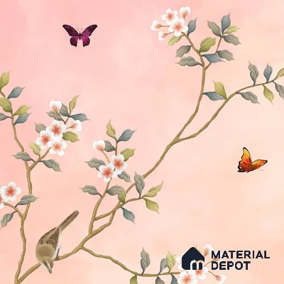 Blossom, Peach Chinoiserie Wallpaper, Customised Sukoon Series Handmade Chinoserie Design (Customised Size Wallpaper)