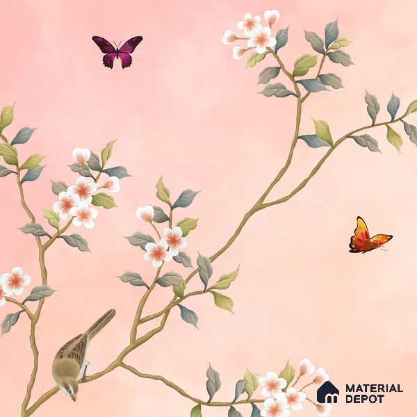 Blossom, Peach Chinoiserie Wallpaper, Customised Sukoon Series Handmade Chinoserie Design (Customised Size Wallpaper)