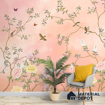 Blossom, Peach Chinoiserie Wallpaper, Customised Sukoon Series Handmade Chinoserie Design (Customised Size Wallpaper)