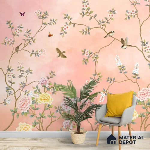 Blossom, Peach Chinoiserie Wallpaper, Customised Sukoon Series Handmade Chinoserie Design (Customised Size Wallpaper)