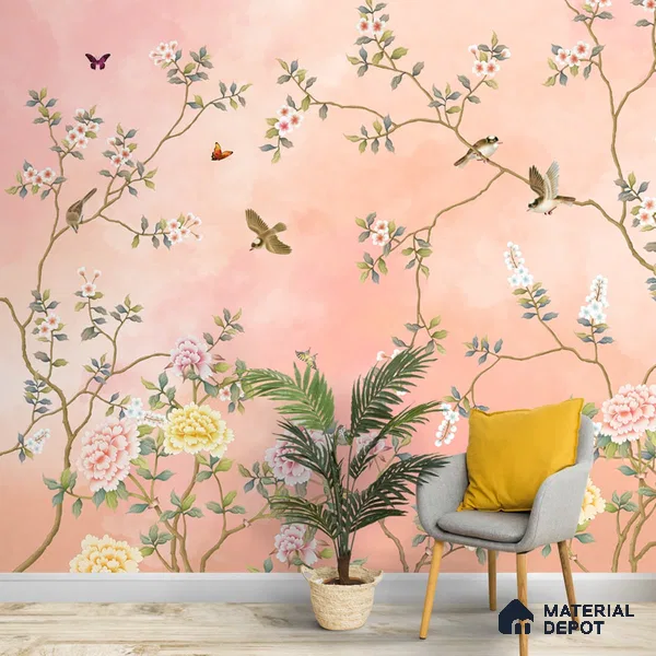 Blossom, Peach Chinoiserie Wallpaper, Customised Sukoon Series Handmade Chinoserie Design (Customised Size Wallpaper)