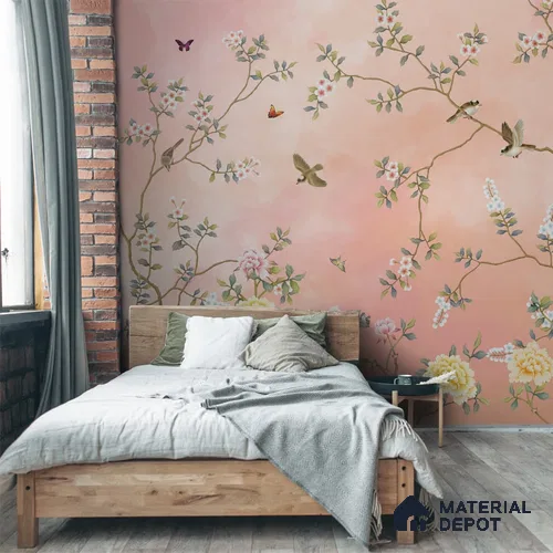 Blossom, Peach Chinoiserie Wallpaper, Customised Sukoon Series Soft Feel Chinoserie Design (Customised Size Wallpaper)