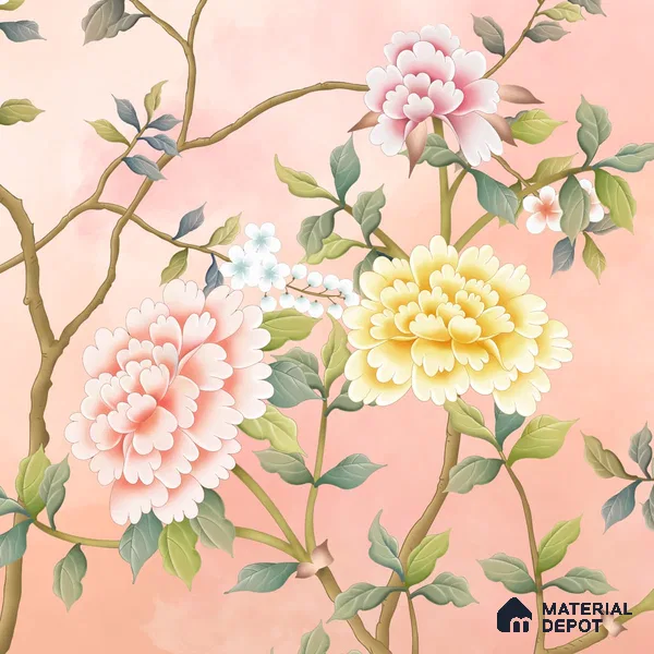 Blossom, Peach Chinoiserie Wallpaper, Customised Sukoon Series Soft Feel Chinoserie Design (Customised Size Wallpaper)