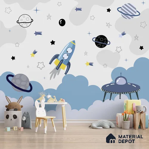 Blue and Grey Space Theme Children Wallpaper, Customized Sparkla N Shine Series Canvas Space Design (Customised Size Wallpaper)