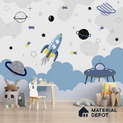 Blue and Grey Space Theme Children Wallpaper, Customized Sparkla N Shine Series Handmade Space Design (Customised Size Wallpaper)