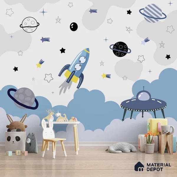 Blue and Grey Space Theme Children Wallpaper, Customized Sparkla N Shine Series Handmade Space Design (Customised Size Wallpaper)