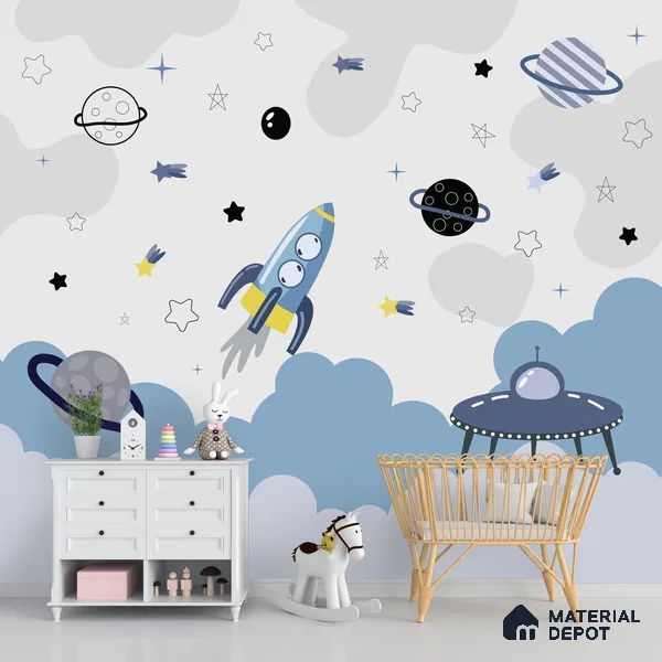Blue and Grey Space Theme Children Wallpaper, Customized Sparkla N Shine Series Soft Feel Space Design (Customised Size Wallpaper)