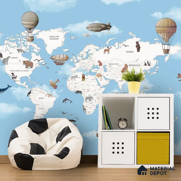 Exploring the World by Air & Sea Animal | WP 04076 Canvas Texture Finish Map Style luxurious Customized size Wallpaper | 250 GSM WP01CNF Paper | (MOQ = 30 Sq. Ft.) | Design change not possible