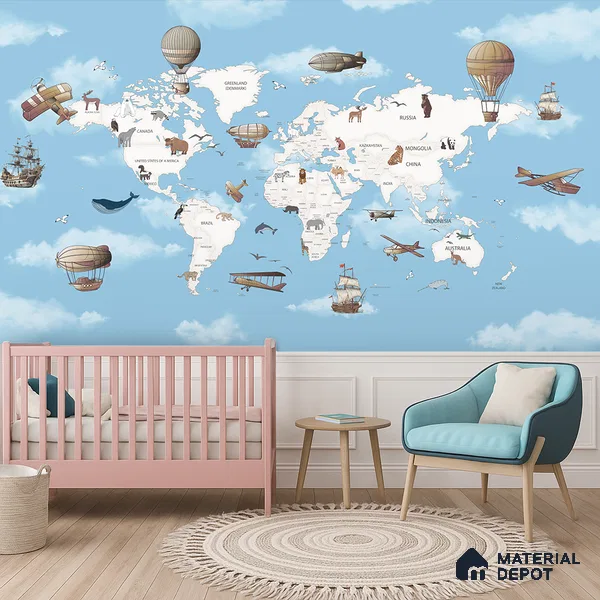 Exploring the World by Air & Sea Animal | WP 04076 Canvas Texture Finish Map Style luxurious Customized size Wallpaper | 250 GSM WP01CNF Paper | (MOQ = 30 Sq. Ft.) | Design change not possible