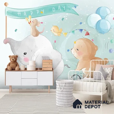 Confetti Skies & Tiny Cheers Animal Circus With Snow Backdrop | WP 04049 Canvas Texture Finish Animal Print Style luxurious Customized size Wallpaper | 250 GSM WP01CNF Paper | (MOQ = 30 Sq. Ft.)