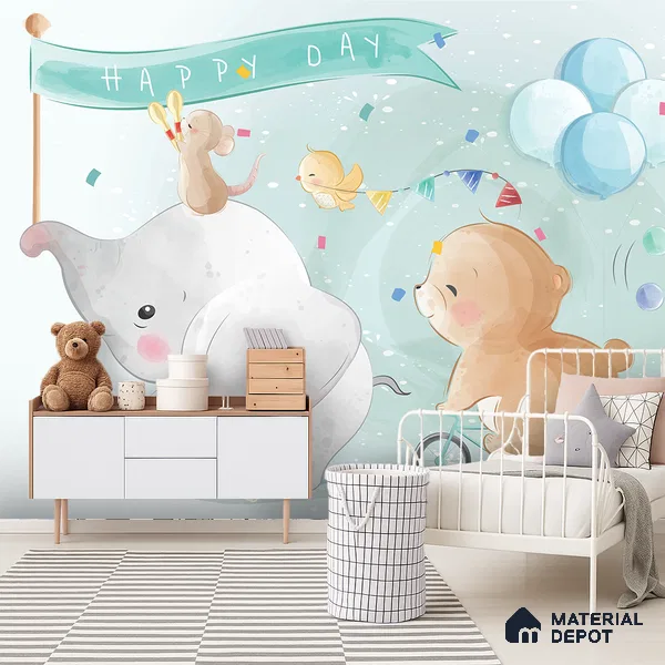 Confetti Skies & Tiny Cheers Animal Circus With Snow Backdrop | WP 04049 Canvas Texture Finish Animal Print Style luxurious Customized size Wallpaper | 250 GSM WP01CNF Paper | (MOQ = 30 Sq. Ft.)