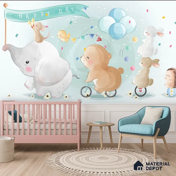 Confetti Skies & Tiny Cheers Animal Circus With Snow Backdrop | WP 04049 Canvas Texture Finish Animal Print Style luxurious Customized size Wallpaper | 250 GSM WP01CNF Paper | (MOQ = 30 Sq. Ft.)