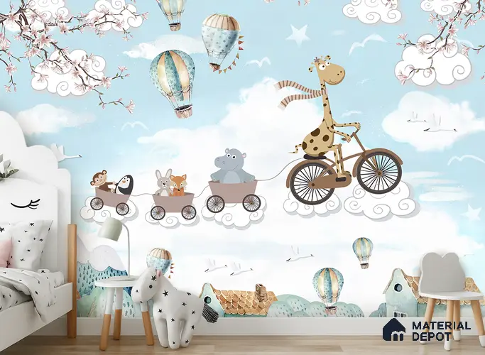 Long Ride Through the Clouds Animals Riding In City Illustration | WP 04043 Canvas Texture Finish Animal Print Style luxurious Customized size Wallpaper | 250 GSM WP01CNF Paper | (MOQ = 30 Sq. Ft.) | Design change not possible