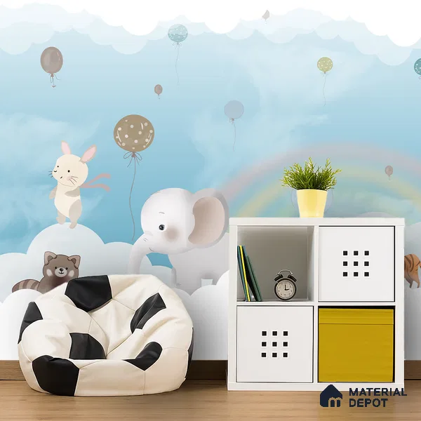 Over the Rainbow Clouds Animals Sitting On Clouds | WP 04200 B Non Woven Matte Finish Animal Print Style Premium Customized size Wallpaper | 150 GSM WP01MTF Paper | (MOQ = 30 Sq. Ft.) | Design change not possible