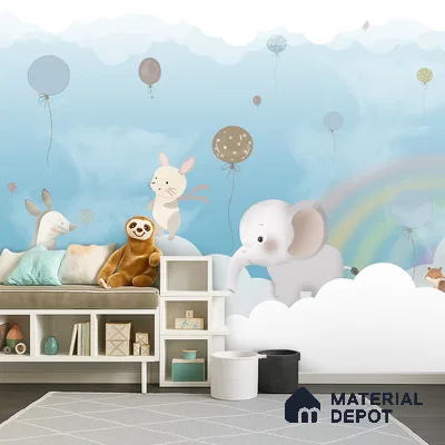 Over the Rainbow Clouds Animals Sitting On Clouds | WP 04200 B Non Woven Matte Finish Animal Print Style Premium Customized size Wallpaper | 150 GSM WP01MTF Paper | (MOQ = 30 Sq. Ft.) | Design change not possible