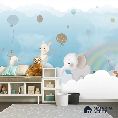 Over the Rainbow Clouds Animals Sitting On Clouds | WP 04200 B Non Woven Matte Finish Animal Print Style Premium Customized size Wallpaper | 150 GSM WP01MTF Paper | (MOQ = 30 Sq. Ft.) | Design change not possible