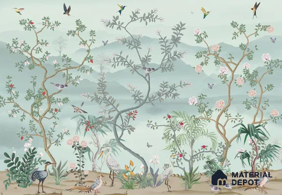 Whispering Garden Hillscape Artistic Charm Designer | WP 03964 B Canvas Texture Finish Chinoiserie Style luxurious Customized size Wallpaper | 250 GSM WP01CNF Paper | (MOQ = 30 Sq. Ft.)