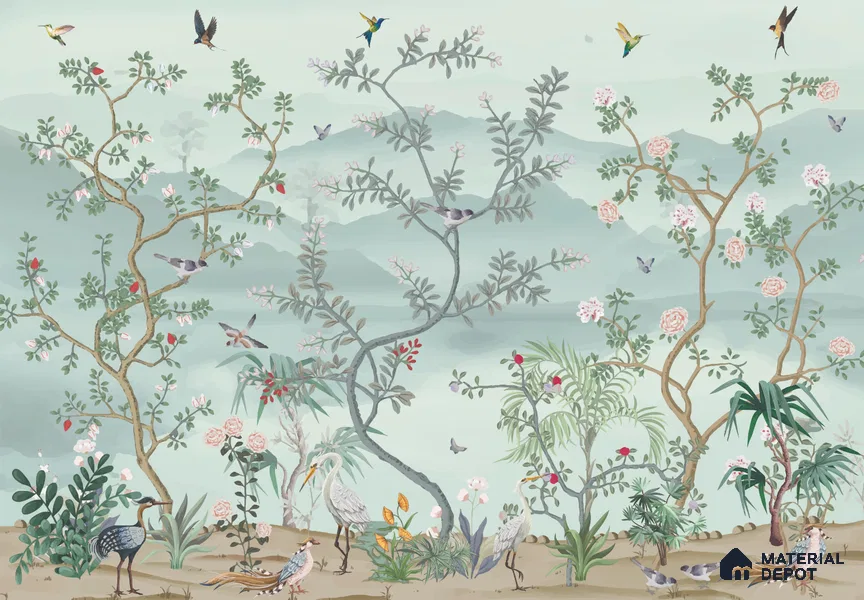 Whispering Garden Hillscape Artistic Charm Designer | WP 03964 B Canvas Texture Finish Chinoiserie Style luxurious Customized size Wallpaper | 250 GSM WP01CNF Paper | (MOQ = 30 Sq. Ft.)
