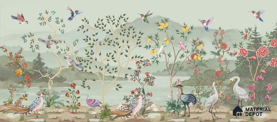 Songbirds of the Lemon Grove Artistic Charm Designer | WP 03998 B Canvas Texture Finish Tropical Style luxurious Customized size Wallpaper | 250 GSM WP01CNF Paper | (MOQ = 30 Sq. Ft.)
