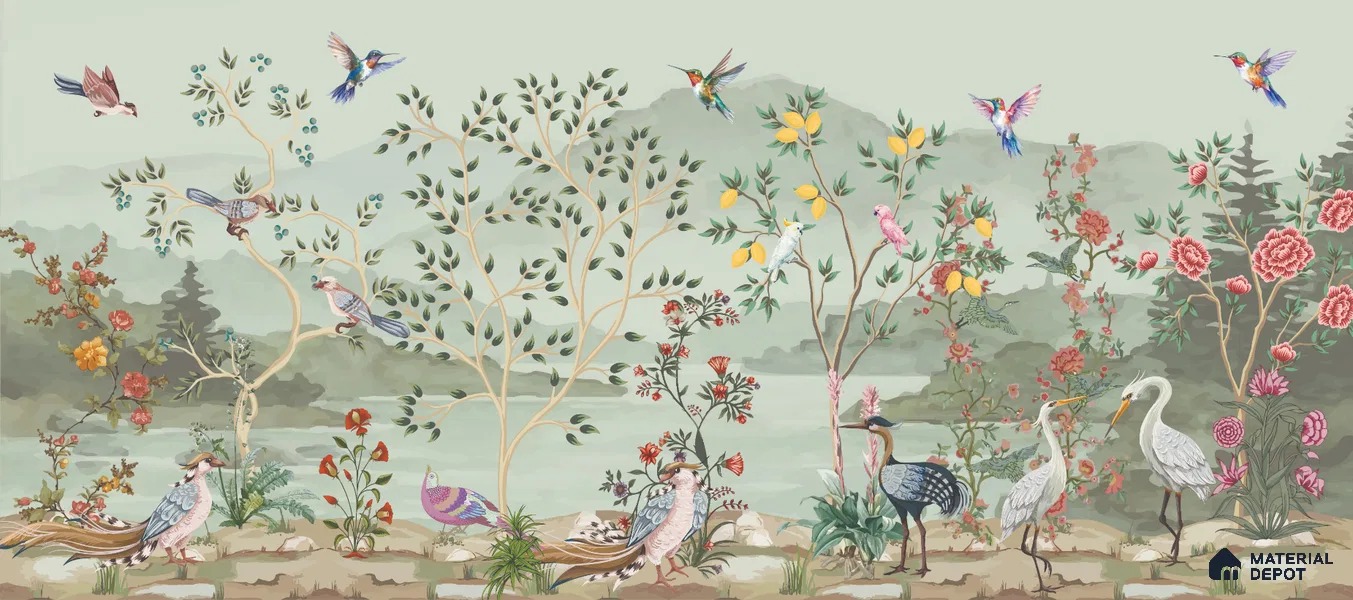 Songbirds of the Lemon Grove Artistic Charm Designer | WP 03998 B Canvas Texture Finish Tropical Style luxurious Customized size Wallpaper | 250 GSM WP01CNF Paper | (MOQ = 30 Sq. Ft.)