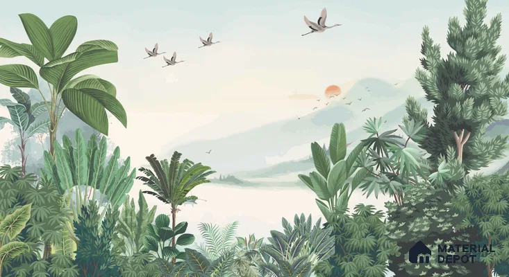 Misty Green Forest Valley Scenic Artistic Charm Designer | WP 03934 Non Woven Matte Finish Tropical Style Premium Customized size Wallpaper | 150 GSM WP01MTF Paper | (MOQ = 30 Sq. Ft.)