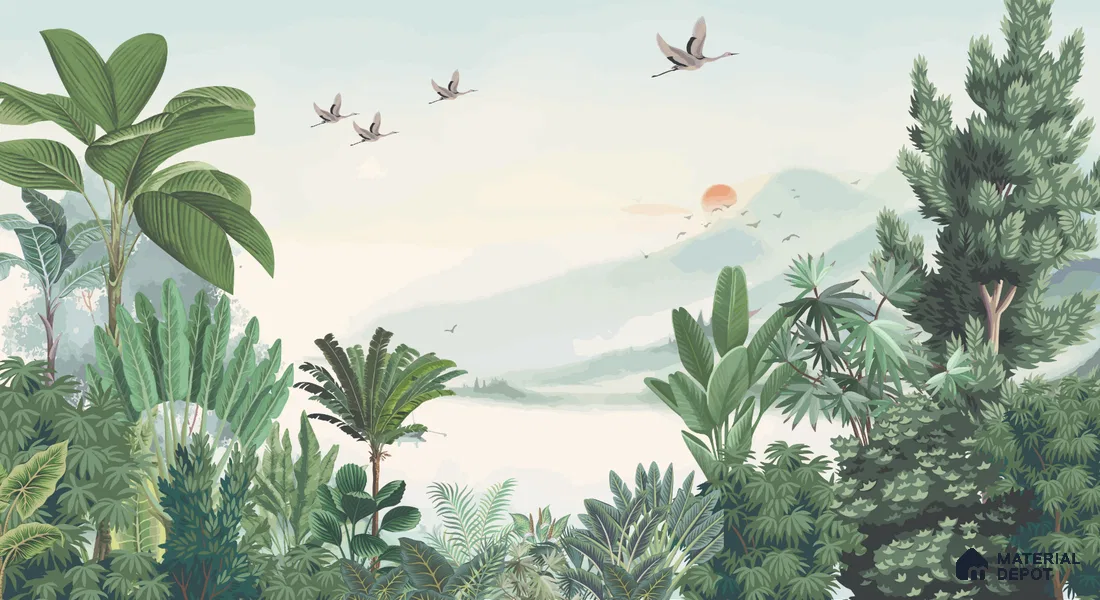 Misty Green Forest Valley Scenic Artistic Charm Designer | WP 03934 Non Woven Matte Finish Tropical Style Premium Customized size Wallpaper | 150 GSM WP01MTF Paper | (MOQ = 30 Sq. Ft.)