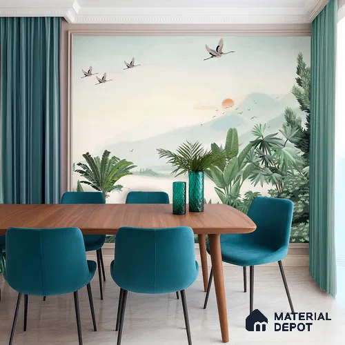 Misty Green Forest Valley Scenic Artistic Charm Designer | WP 03934 Non Woven Matte Finish Tropical Style Premium Customized size Wallpaper | 150 GSM WP01MTF Paper | (MOQ = 30 Sq. Ft.)