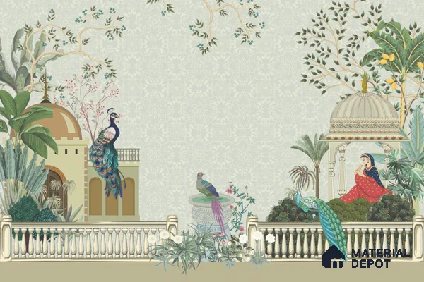 Rani’s Courtyard Reverie Artistic Charm Designer | WP 03976 B Canvas Texture Finish Tropical Style luxurious Customized size Wallpaper | 250 GSM WP01CNF Paper | (MOQ = 30 Sq. Ft.)