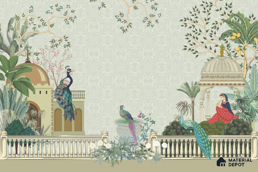 Rani’s Courtyard Reverie Artistic Charm Designer | WP 03976 Non Woven Matte Finish Tropical Style Premium Customized size Wallpaper | 150 GSM WP01MTF Paper | (MOQ = 30 Sq. Ft.)