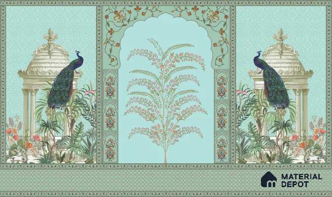 Celestial Jharokha Peacock Court Artistic Charm Designer | WP 03982 B Canvas Texture Finish Tropical Style luxurious Customized size Wallpaper | 250 GSM WP01CNF Paper | (MOQ = 30 Sq. Ft.)