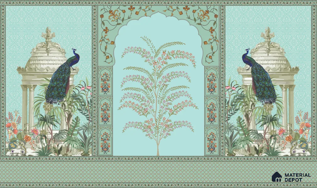 Celestial Jharokha Peacock Court Artistic Charm Designer | WP 03982 Non Woven Matte Finish Tropical Style Premium Customized size Wallpaper | 150 GSM WP01MTF Paper | (MOQ = 30 Sq. Ft.)
