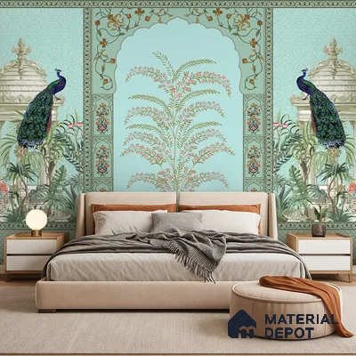 Celestial Jharokha Peacock Court Artistic Charm Designer | WP 03982 B Canvas Texture Finish Tropical Style luxurious Customized size Wallpaper | 250 GSM WP01CNF Paper | (MOQ = 30 Sq. Ft.)