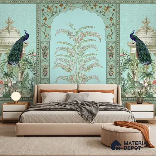 Celestial Jharokha Peacock Court Artistic Charm Designer | WP 03982 Non Woven Matte Finish Tropical Style Premium Customized size Wallpaper | 150 GSM WP01MTF Paper | (MOQ = 30 Sq. Ft.)