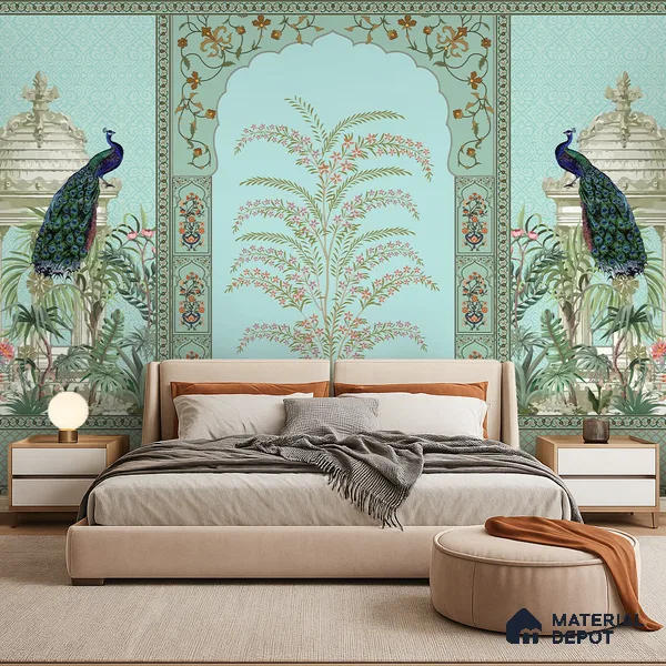 Celestial Jharokha Peacock Court Artistic Charm Designer | WP 03982 B Canvas Texture Finish Tropical Style luxurious Customized size Wallpaper | 250 GSM WP01CNF Paper | (MOQ = 30 Sq. Ft.)
