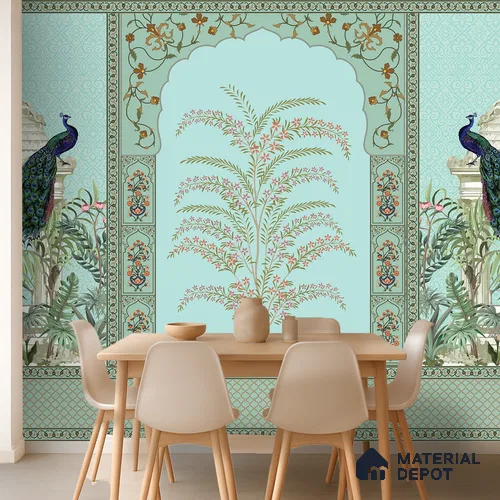 Celestial Jharokha Peacock Court Artistic Charm Designer | WP 03982 Non Woven Matte Finish Tropical Style Premium Customized size Wallpaper | 150 GSM WP01MTF Paper | (MOQ = 30 Sq. Ft.)