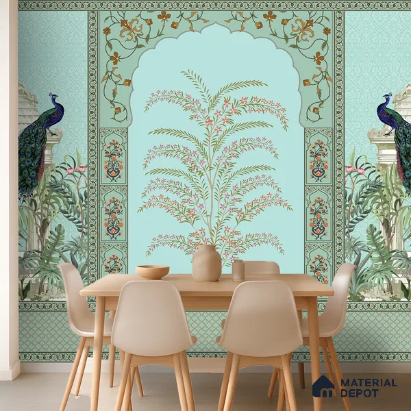 Celestial Jharokha Peacock Court Artistic Charm Designer | WP 03982 B Canvas Texture Finish Tropical Style luxurious Customized size Wallpaper | 250 GSM WP01CNF Paper | (MOQ = 30 Sq. Ft.)