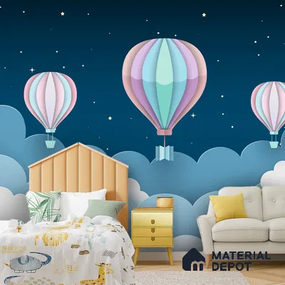 Gentle Night Sky Ride Balloon Above Clouds Scene | WP 04070 Canvas Texture Finish Space Style luxurious Customized size Wallpaper | 250 GSM WP01CNF Paper | (MOQ = 30 Sq. Ft.)