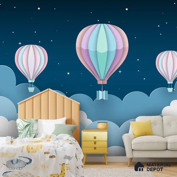 Gentle Night Sky Ride Balloon Above Clouds Scene | WP 04070 Canvas Texture Finish Space Style luxurious Customized size Wallpaper | 250 GSM WP01CNF Paper | (MOQ = 30 Sq. Ft.)