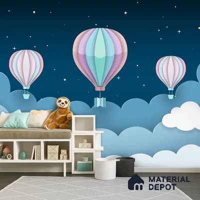 Gentle Night Sky Ride Balloon Above Clouds Scene | WP 04070 Canvas Texture Finish Space Style luxurious Customized size Wallpaper | 250 GSM WP01CNF Paper | (MOQ = 30 Sq. Ft.)